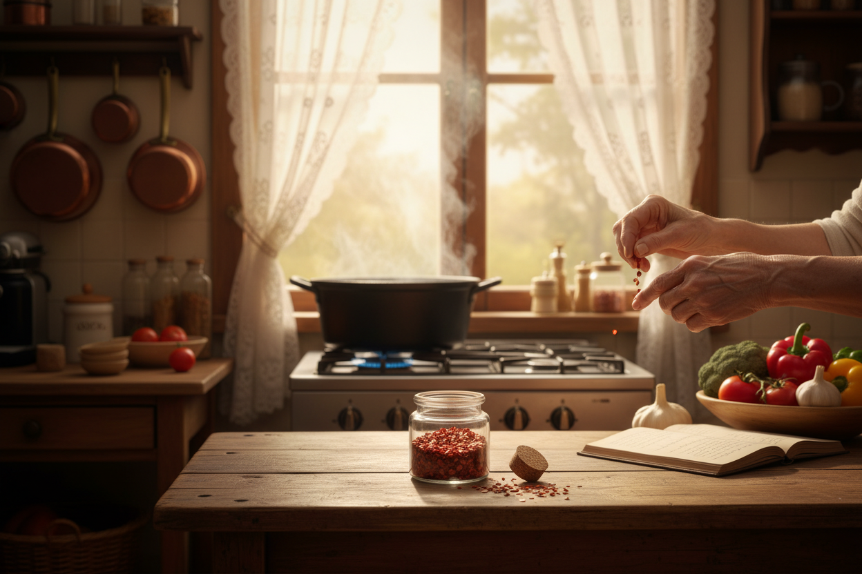 Rote Chili Flocken sorgen für natürliche Schärfe beim gesunden Kochen in der gemütlichen Landhausküche
