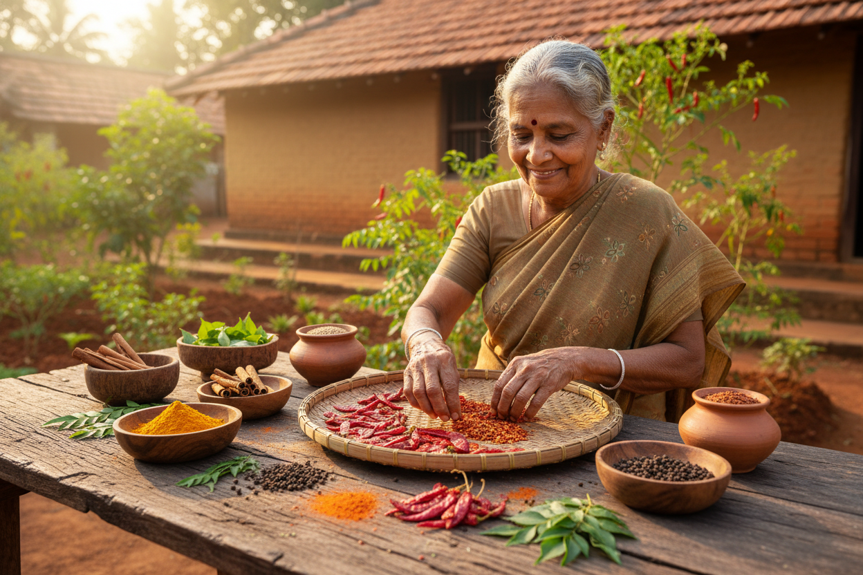 Traditionelle Sri Lanka Gewürze frisch verarbeitet im Garten für nachhaltige und gesunde Genussmomente