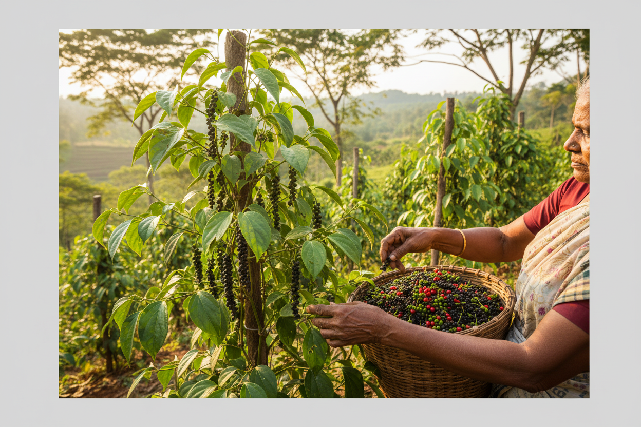 Nachhaltige Ernte von Sri Lanka Pfeffer auf einer Plantage für bewusste Genießer