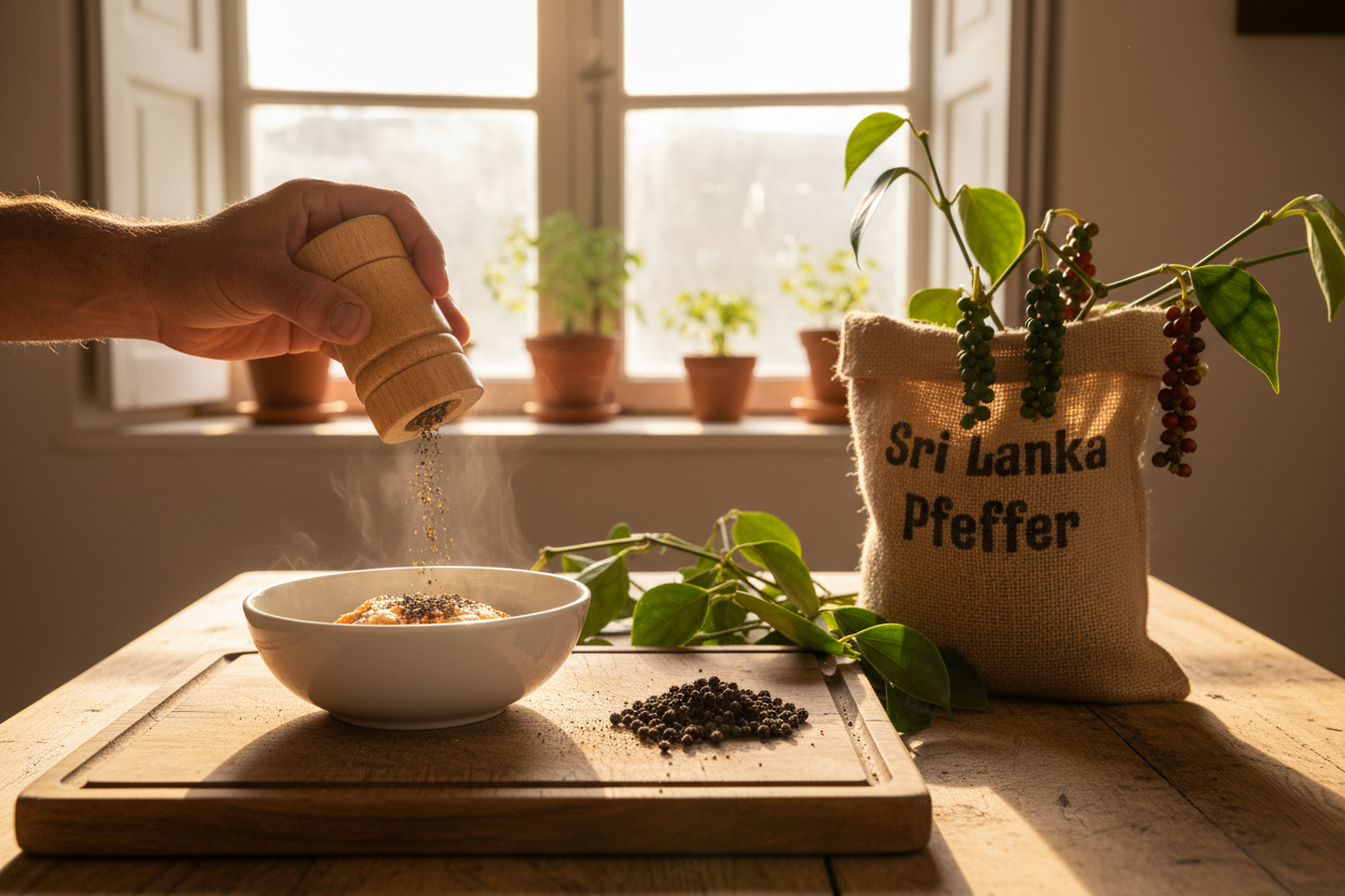 Frisch gemahlener Sri Lanka Pfeffer verfeinert ein gesundes Gericht in nachhaltiger Küche