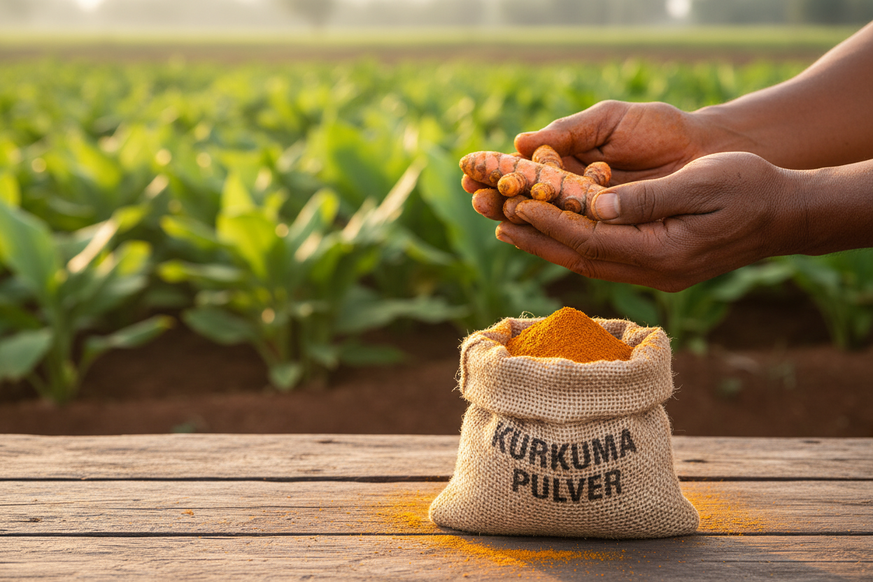 Frisch geerntete Kurkuma-Wurzeln und Kurkuma Pulver im Jutesack, nachhaltige Superfood-Inspiration für Genießer