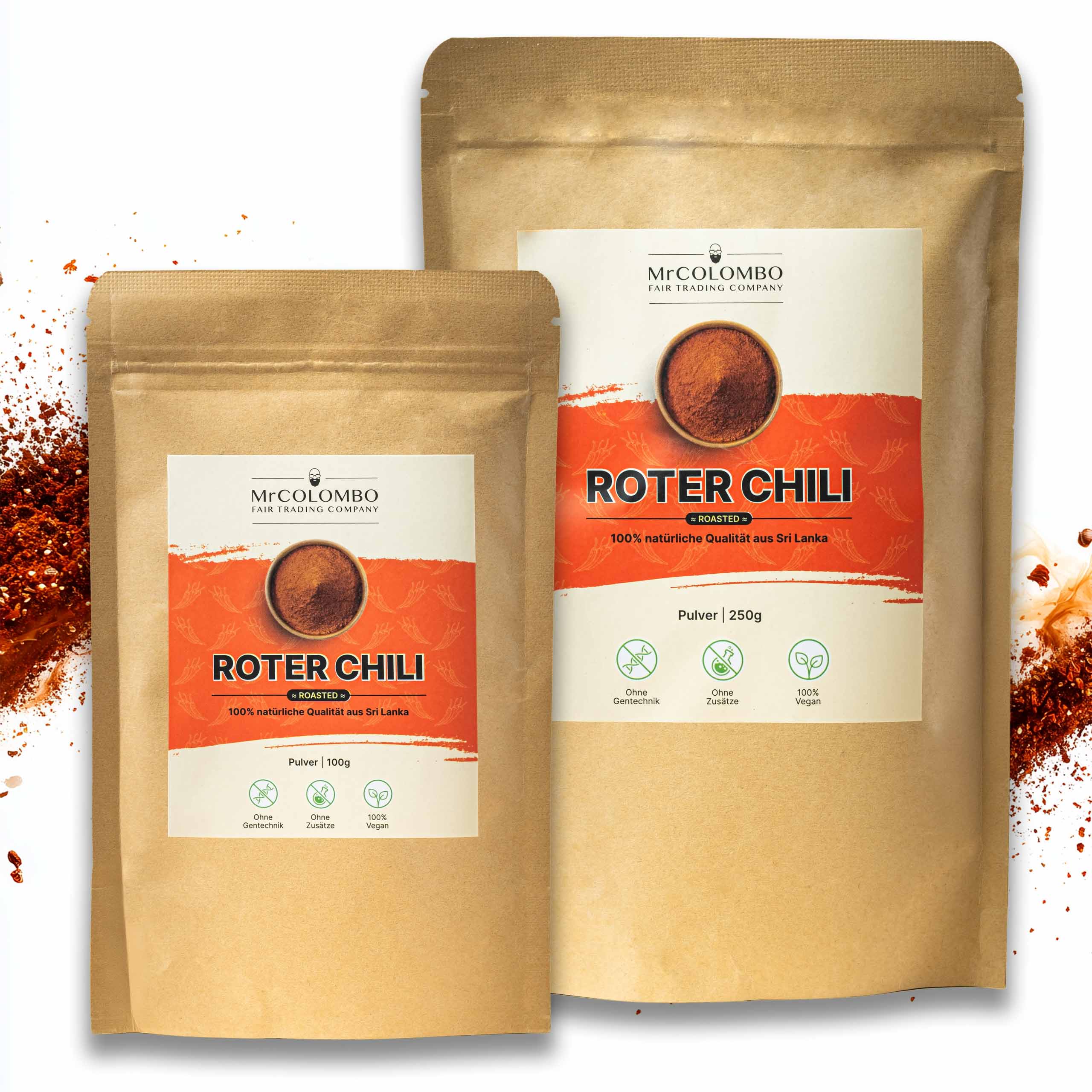MrCOLOMBO rotes Chili Pulver aus Sri Lanka in 100 g und 250 g Packungen
