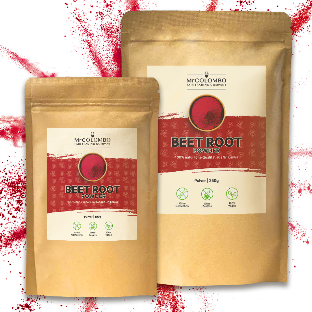 MrCOLOMBO Beetroot Powder in 100g und 250g Verpackung. Natürliches Rote Bete Pulver mit intensiver Farbe aus Sri Lanka.