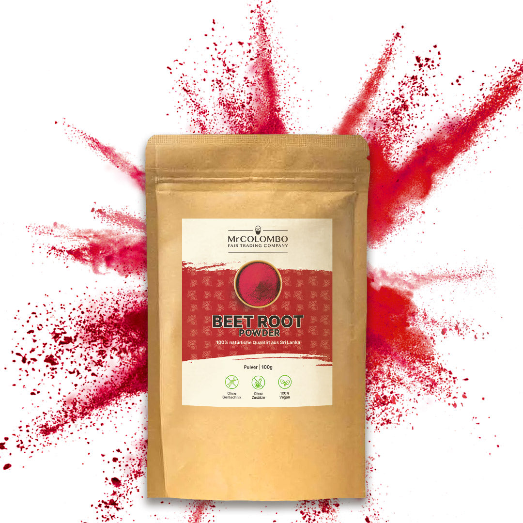 MrCOLOMBO Beetroot Powder 100g. 100 % natürliche Qualität aus Sri Lanka, fein gemahlenes Pulver mit kräftiger Farbe.