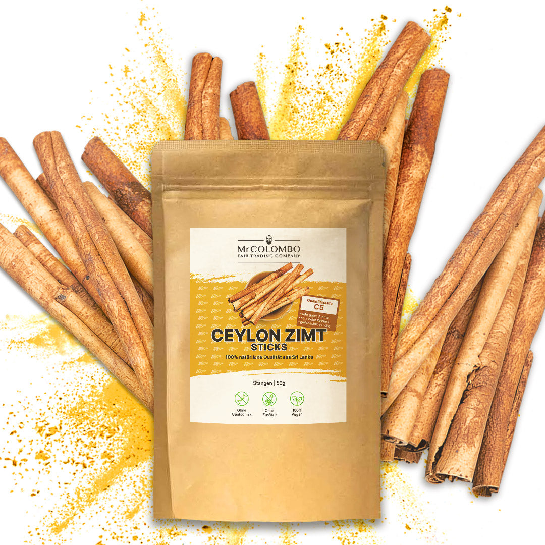 MrCOLOMBO Ceylon Zimt Sticks Qualitätsstufe C5. Sehr gutes Aroma, hohe Reinheit und gleichmäßige Dicke.