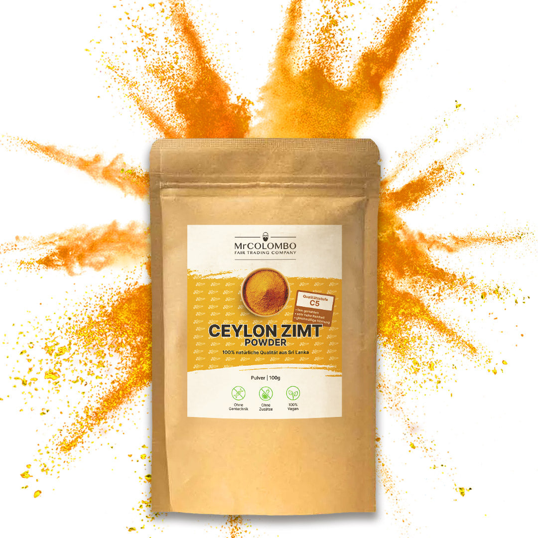 MrCOLOMBO Ceylon Zimt Powder 100g. Bio Zimtpulver aus Sri Lanka, Qualitätsstufe C5, fein gemahlen und aromatisch.