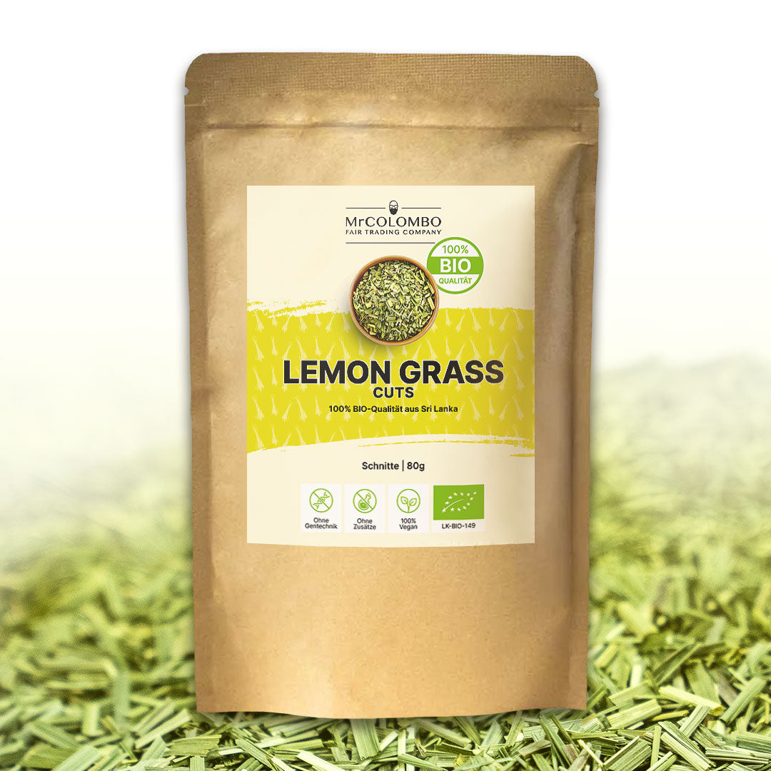 MrCOLOMBO Lemongrass Cuts 80g. 100 % Bio Qualität aus Sri Lanka, fein geschnitten und in Papierverpackung.