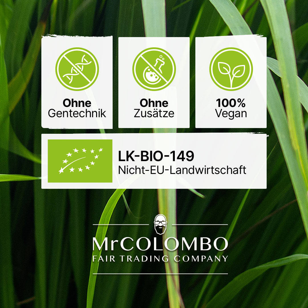 MrCOLOMBO Bio Zertifikat und Produktsymbole. Ohne Gentechnik, ohne Zusätze, 100 % vegan, zertifiziert LK BIO 149.