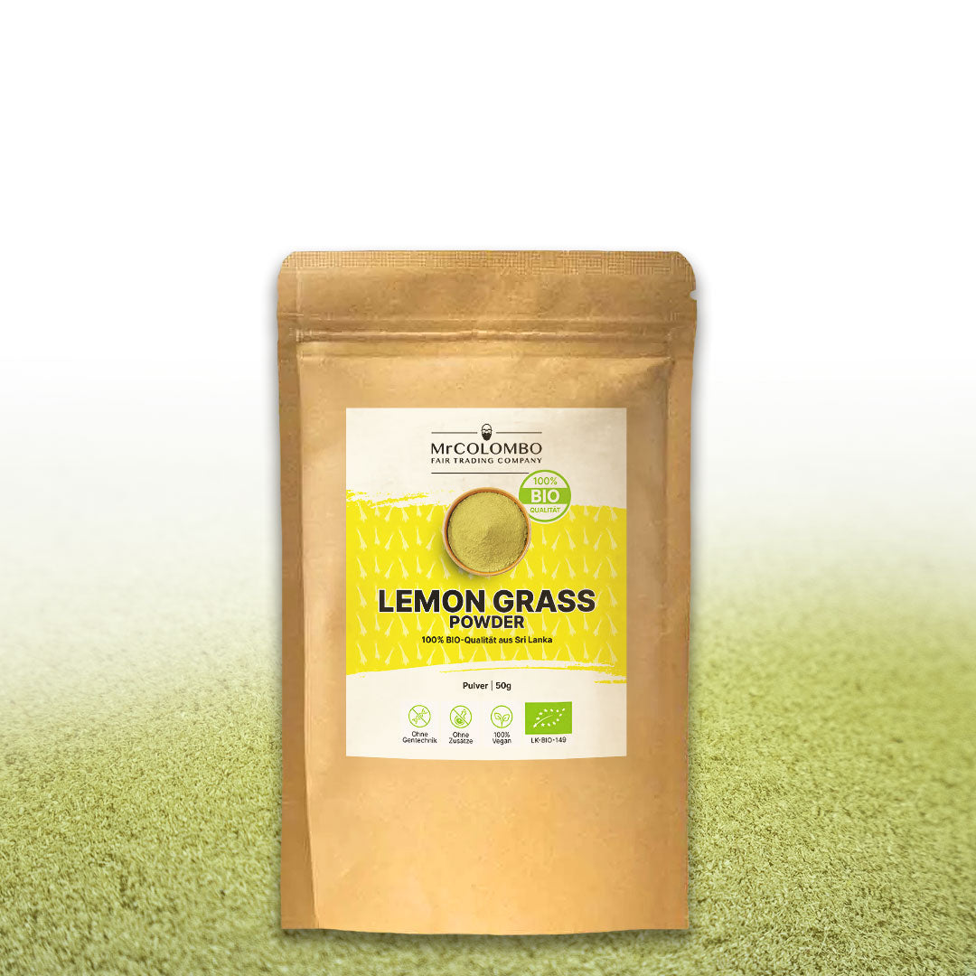 MrCOLOMBO Lemongrass Powder 50g. 100 % Bio Qualität aus Sri Lanka, fein gemahlen und in Papierverpackung.