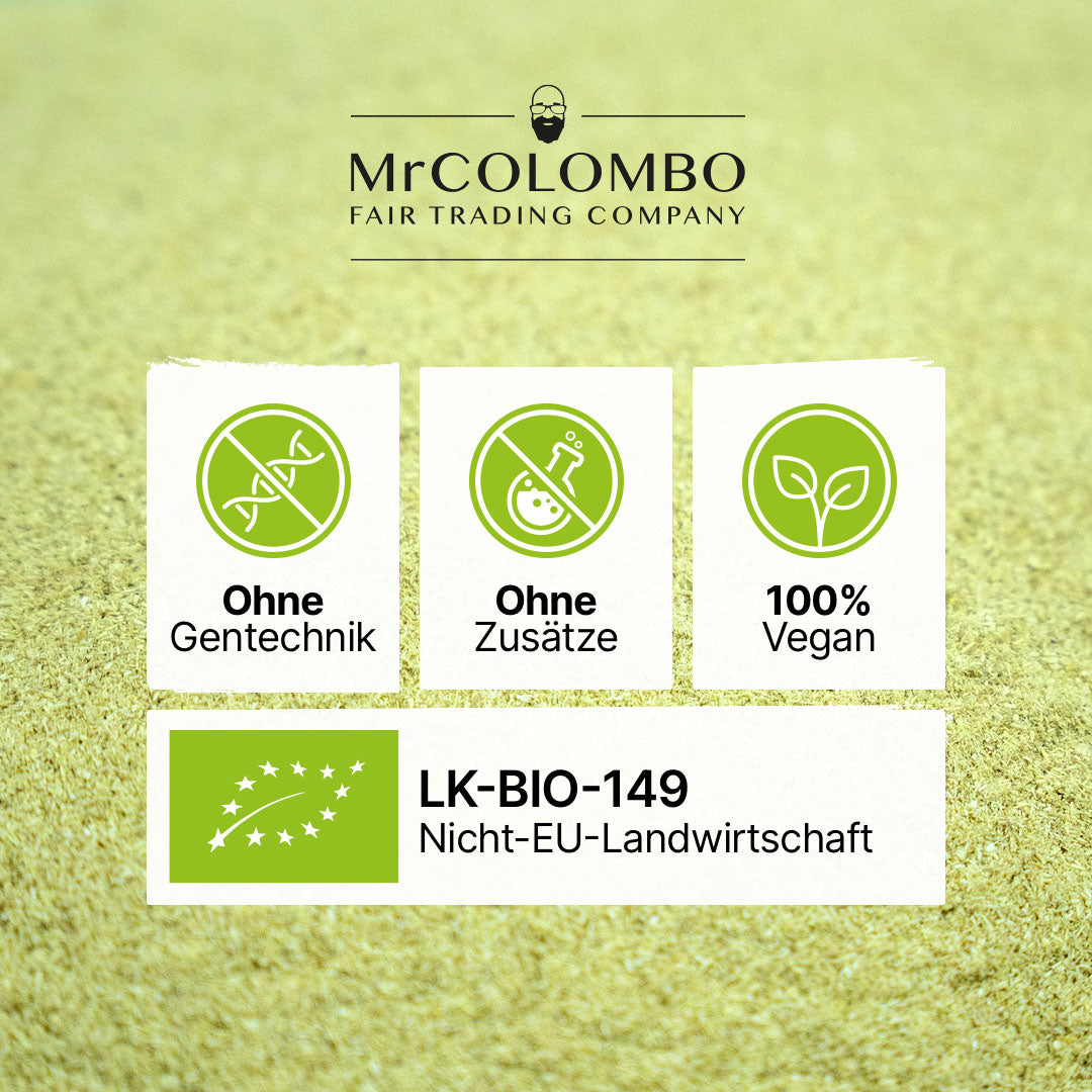 MrCOLOMBO Bio Zertifikat und Produktsymbole. Ohne Gentechnik, ohne Zusätze, 100 % vegan, zertifiziert LK BIO 149.