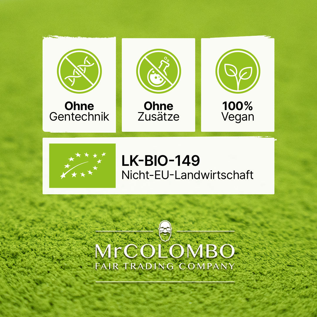 MrCOLOMBO Bio Zertifikat und Produktsymbole. Ohne Gentechnik, ohne Zusätze, 100% vegan, zertifiziert LK BIO 149.