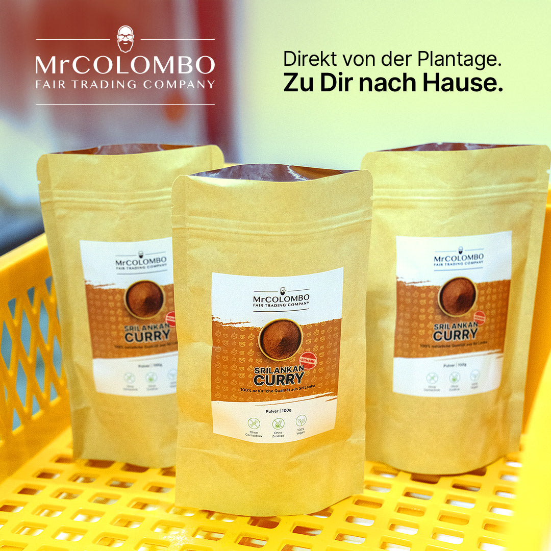 MrCOLOMBO Sri Lankan Curry Beutel in gelber Kiste. Direkt von der Plantage zu Dir nach Hause.