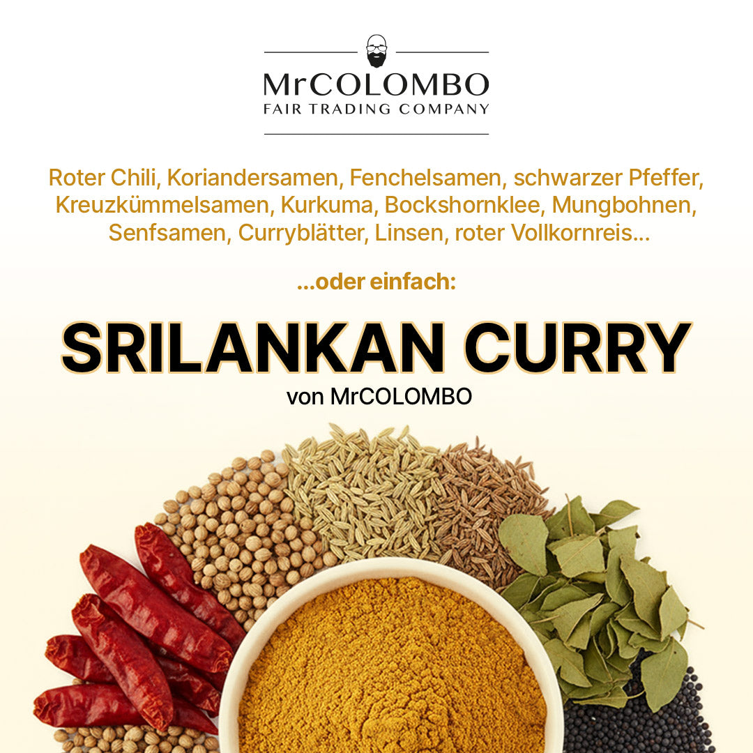 MrCOLOMBO Sri Lankan Curry Mischung mit Chili, Pfeffer, Koriander und Kurkuma. Authentische Gewürzvielfalt aus Sri Lanka.