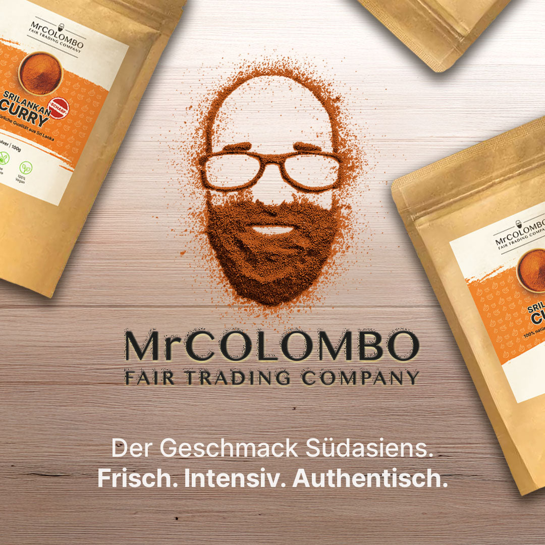 MrCOLOMBO Sri Lankan Curry Verpackung mit Logo aus Gewürzpulver geformt. Der Geschmack Südasiens, frisch und intensiv.
