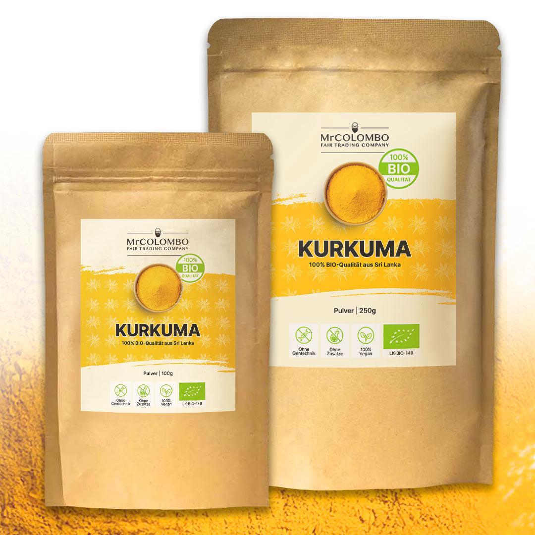 MrCOLOMBO Bio Kurkuma Pulver in 100 g und 250 g Verpackung - 100 % Bio-Qualität aus Sri Lanka, fair gehandelt und nachhaltig verpackt.