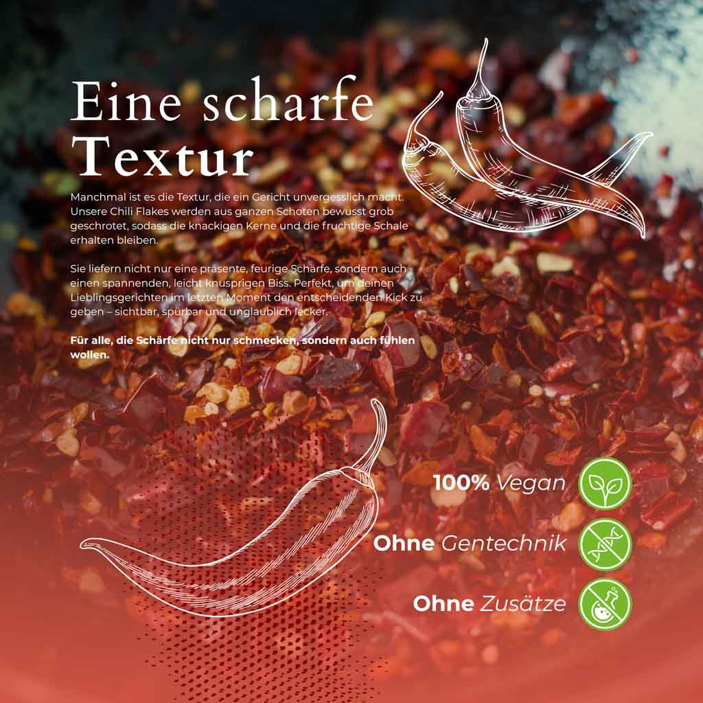 Detailansicht grob geschroteter MrCOLOMBO Chili-Flakes mit informativem Textinhalt zum Produkt