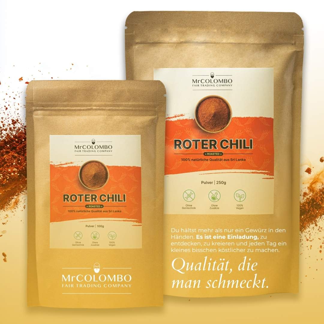 Produktbild mit 100g und 250g Chili Pulver | MrCOLOMBO Verpackungsdesign. Mit Aufdruck Qualität. die man schmeckt.