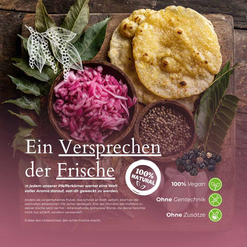Schwarzer Pfeffer mit frischem Gemüse, Brot und Fladen | aromatischer Serviervorschlag mit MrCOLOMBO Pfeffer.