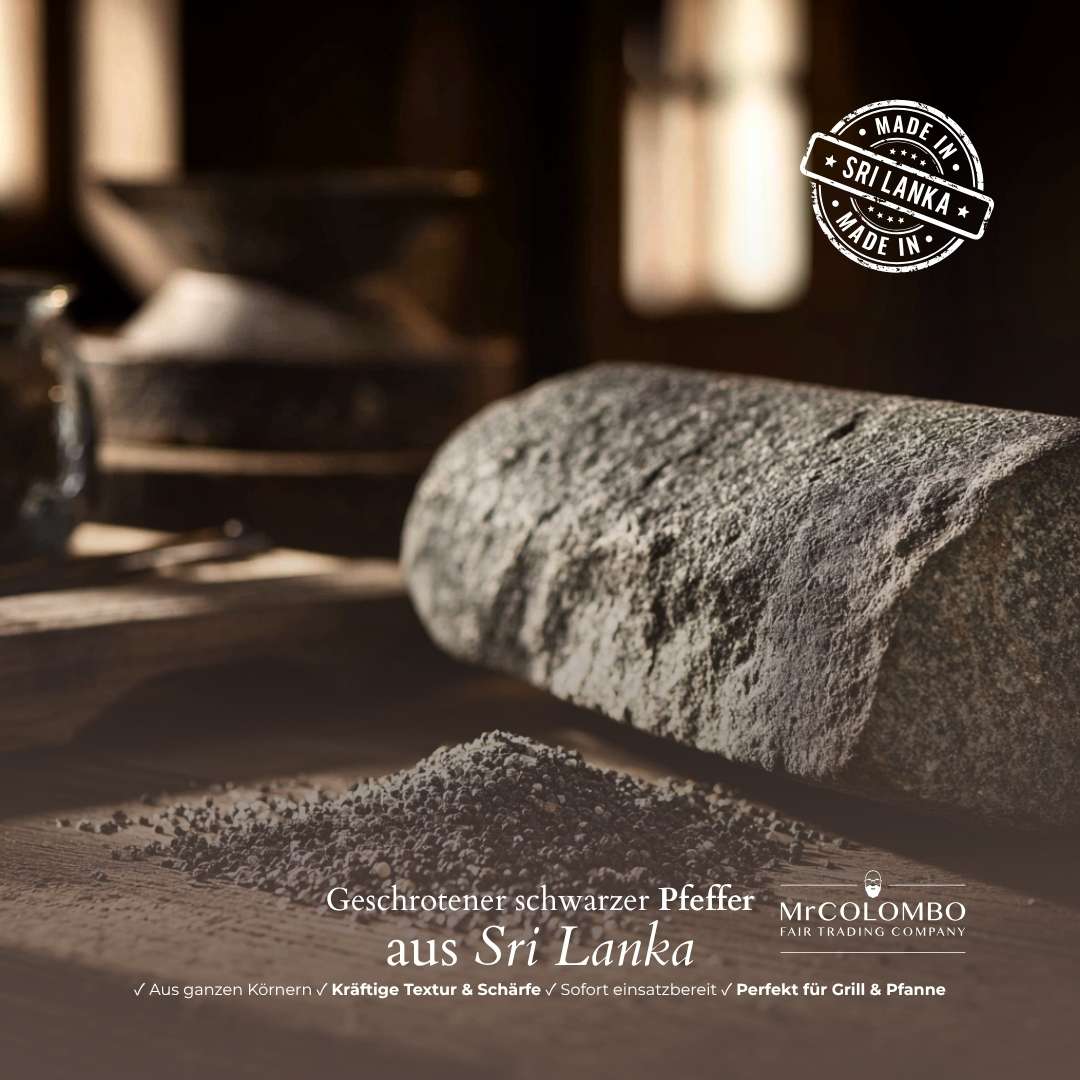 Geschroteter schwarzer Pfeffer aus Sri Lanka | traditionell mit Stein gemahlen für kräftiges Aroma.