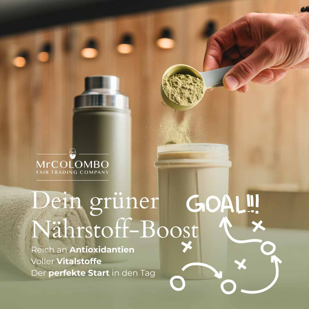 Grüner Moringa-Shake mit Pulver von Mr. Colombo | ideal für deinen nährstoffreichen Start in den Tag.