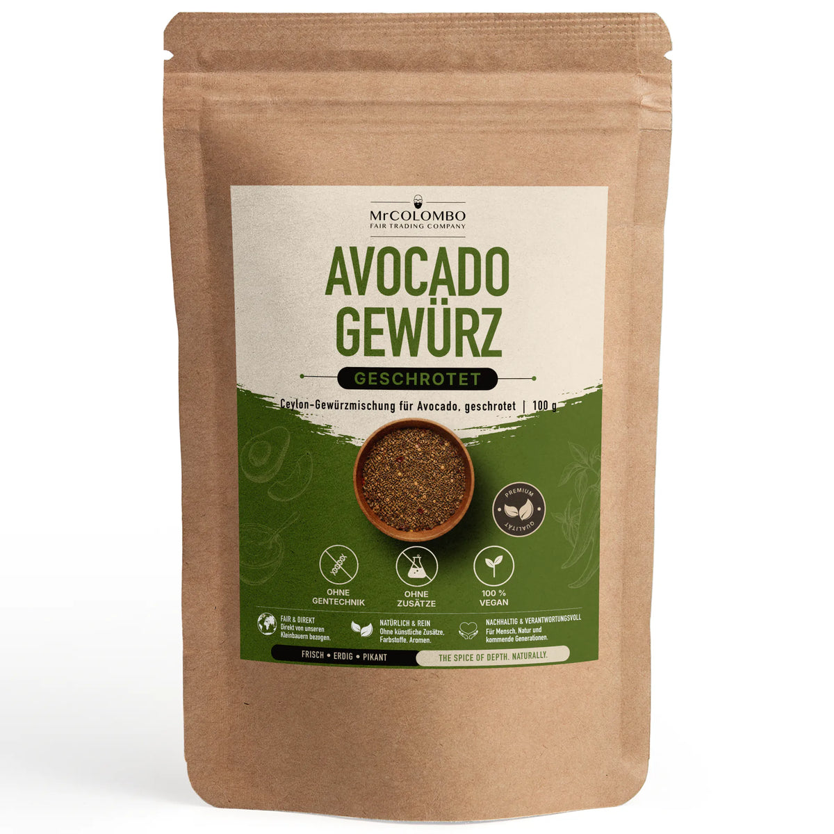 Especias Ceilán para aguacate de Sri Lanka en la bolsa de papel MrCOLOMBO sobre fondo blanco - 100 g