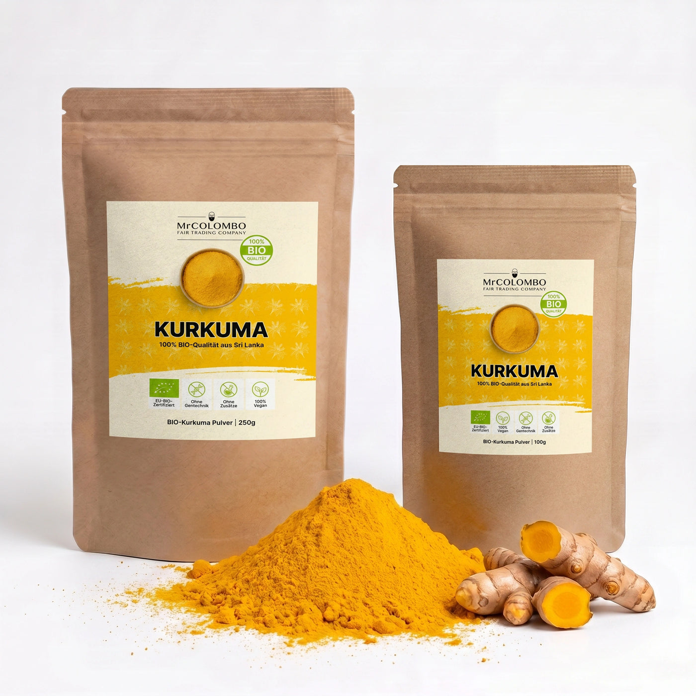 Bio Kurkuma Pulver aus Sri Lanka von MrCOLOMBO - Beutel mit Gewürzhaufen (beide Größen)