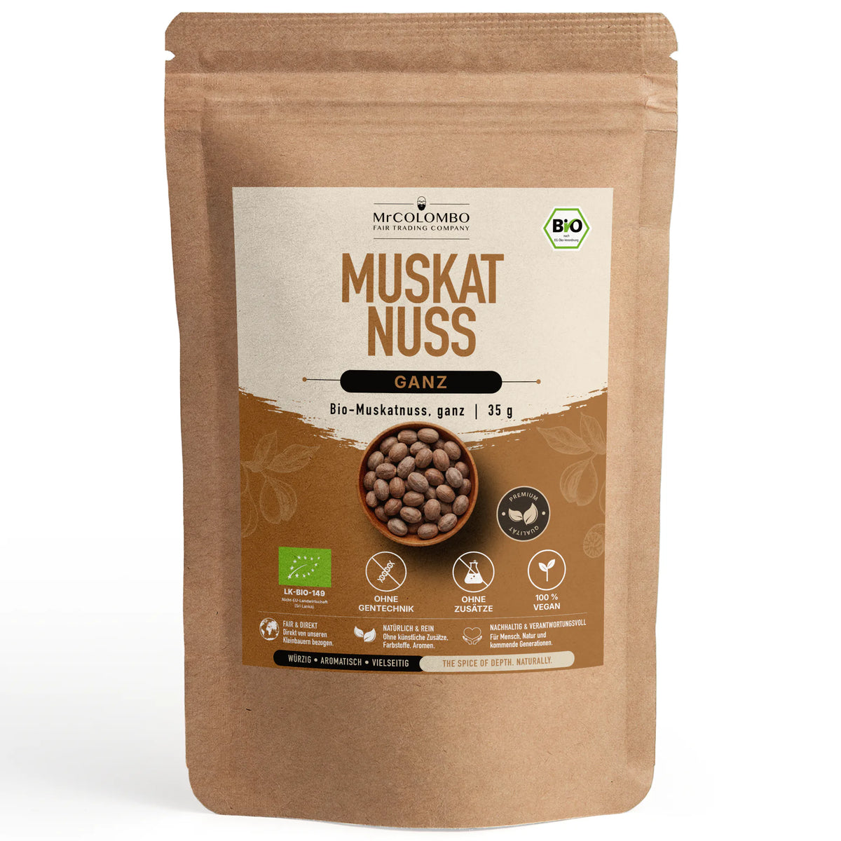 Nuez moscada entera ecológica de Sri Lanka en la bolsa de papel MrCOLOMBO sobre fondo blanco - 35 g