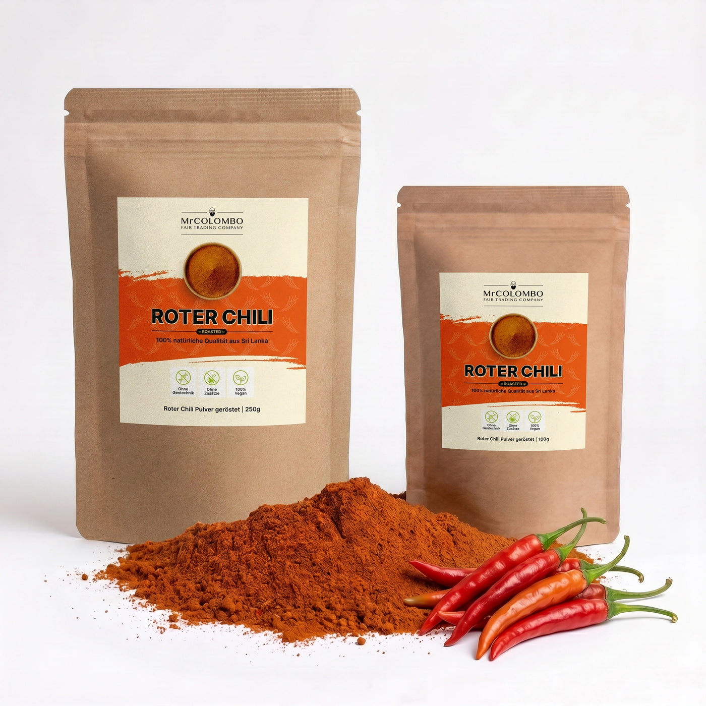 Chili Pulver geröstet aus Sri Lanka von MrCOLOMBO - Beutel mit Gewürzhaufen (beide Größen)