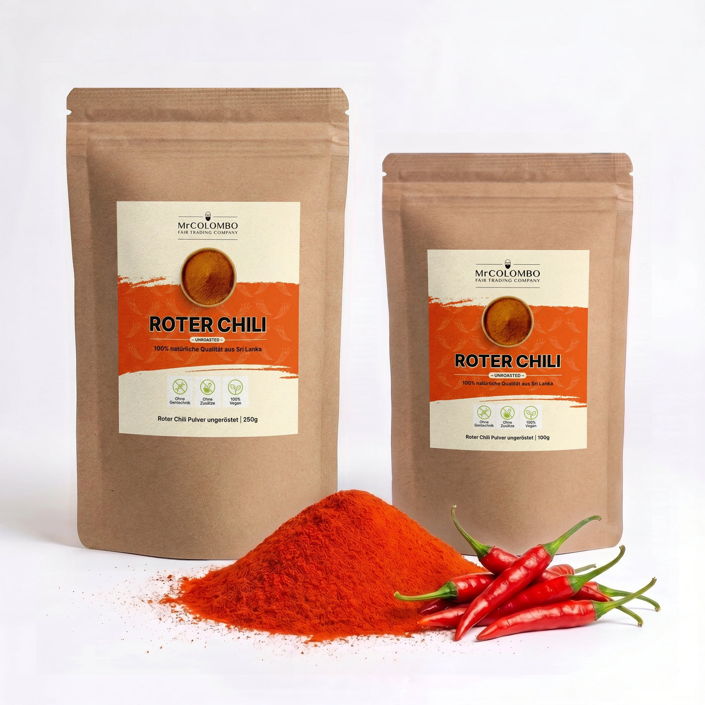 Chili Pulver ungeröstet aus Sri Lanka von MrCOLOMBO - Beutel mit Gewürzhaufen (beide Größen)