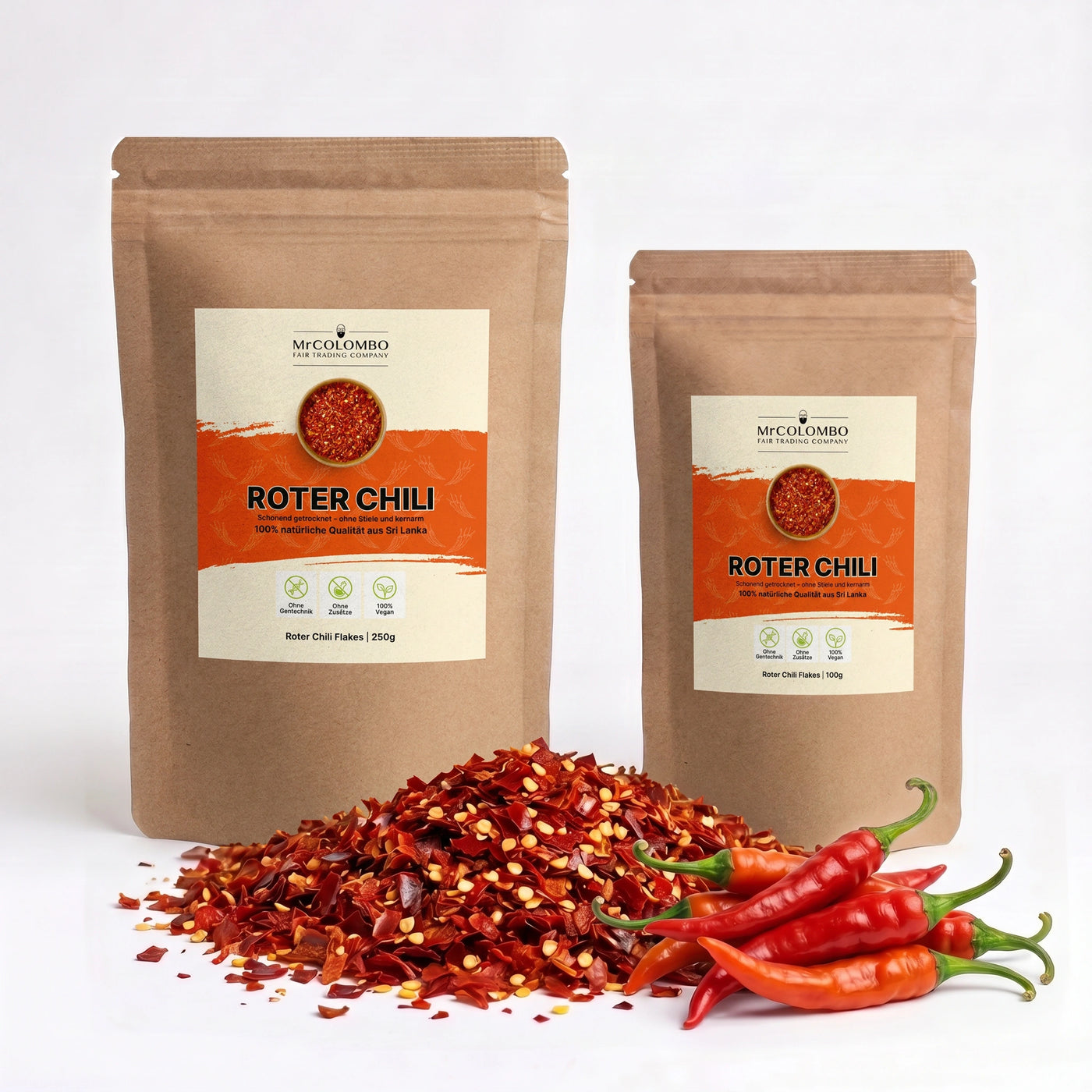 Chiliflocken aus Sri Lanka von MrCOLOMBO - Beutel mit Gewürzhaufen (beide Größen)