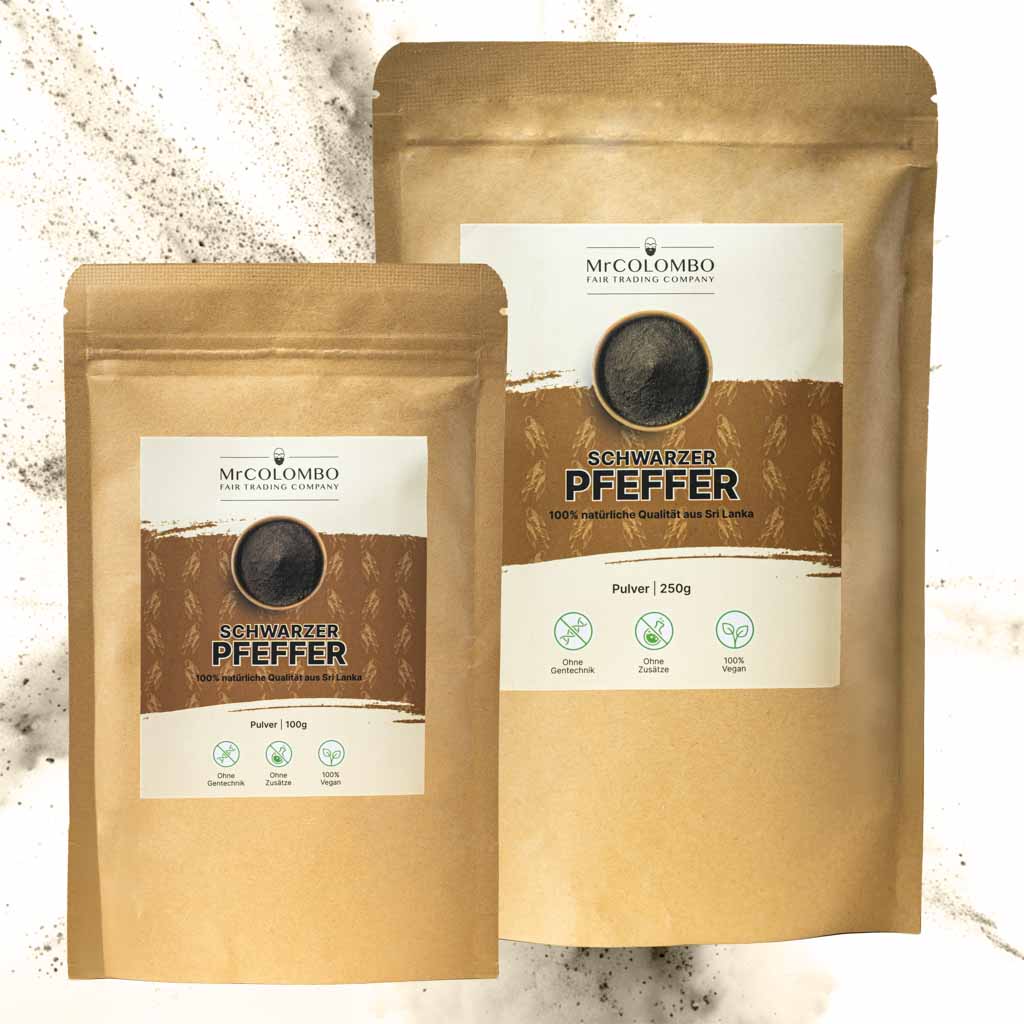 100g & 250g Beutel feines Pfefferpulver von MrCOLOMBO | direkt gehandelt, schonend verarbeitet.