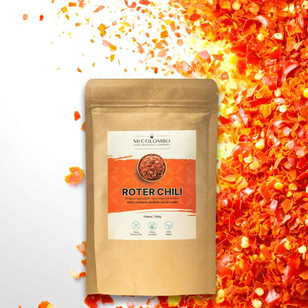 Rote Chili-Flakes von MrCOLOMBO in 100g Packung, direkt aus Sri Lanka | schonend getrocknet, ohne Zusätze.