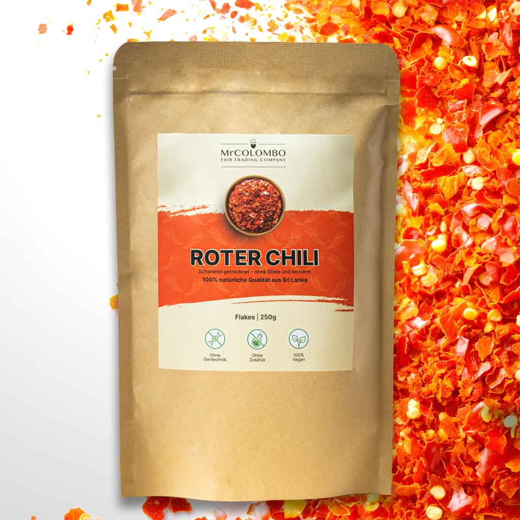 Große 250g Packung rote Chili-Flakes von MrCOLOMBO aus Sri Lanka | kräftige Farbe, volle Schärfe.