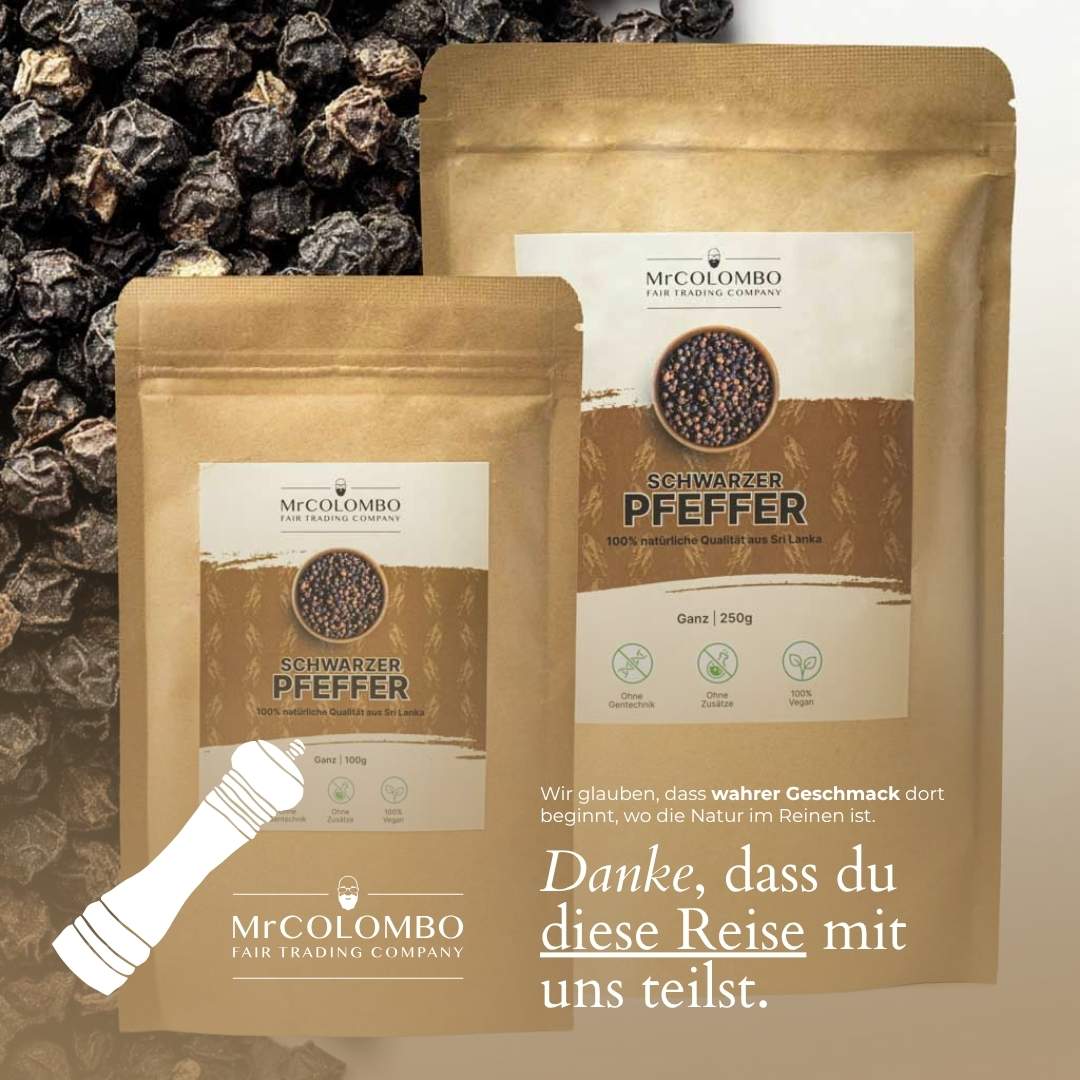MrCOLOMBO Schwarzer Pfeffer in 100g und 250g Beuteln | 100 % natürlich, aus direktem Handel mit Sri Lanka.