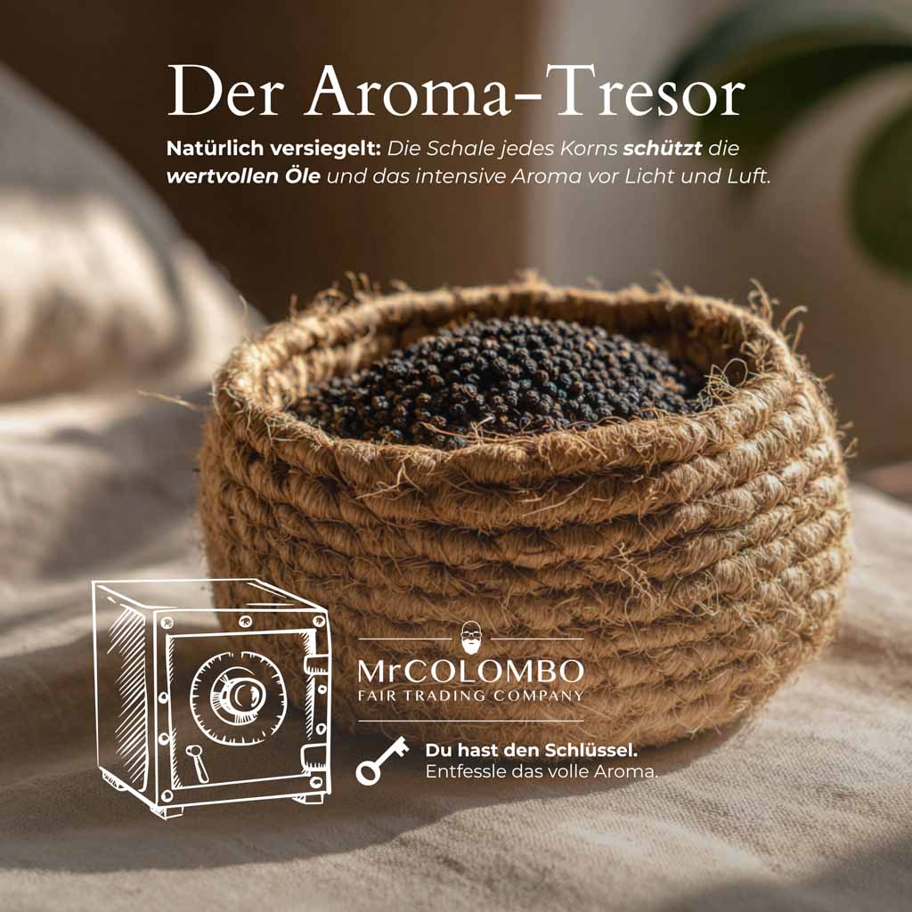 MrCOLOMBO Schwarzer Pfeffer im geflochtenen Korb | Aroma bleibt durch natürliche Versiegelung der Körner erhalten.