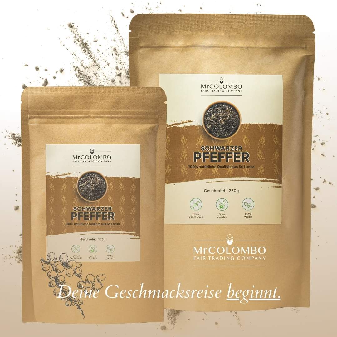 MrCOLOMBO Schwarzer Pfeffer geschrotet in 100g und 250g | perfekt für kräftige Würze und Frische. | Aufschrift in der Grafik - Deine Geschmacksreise beginnt.
