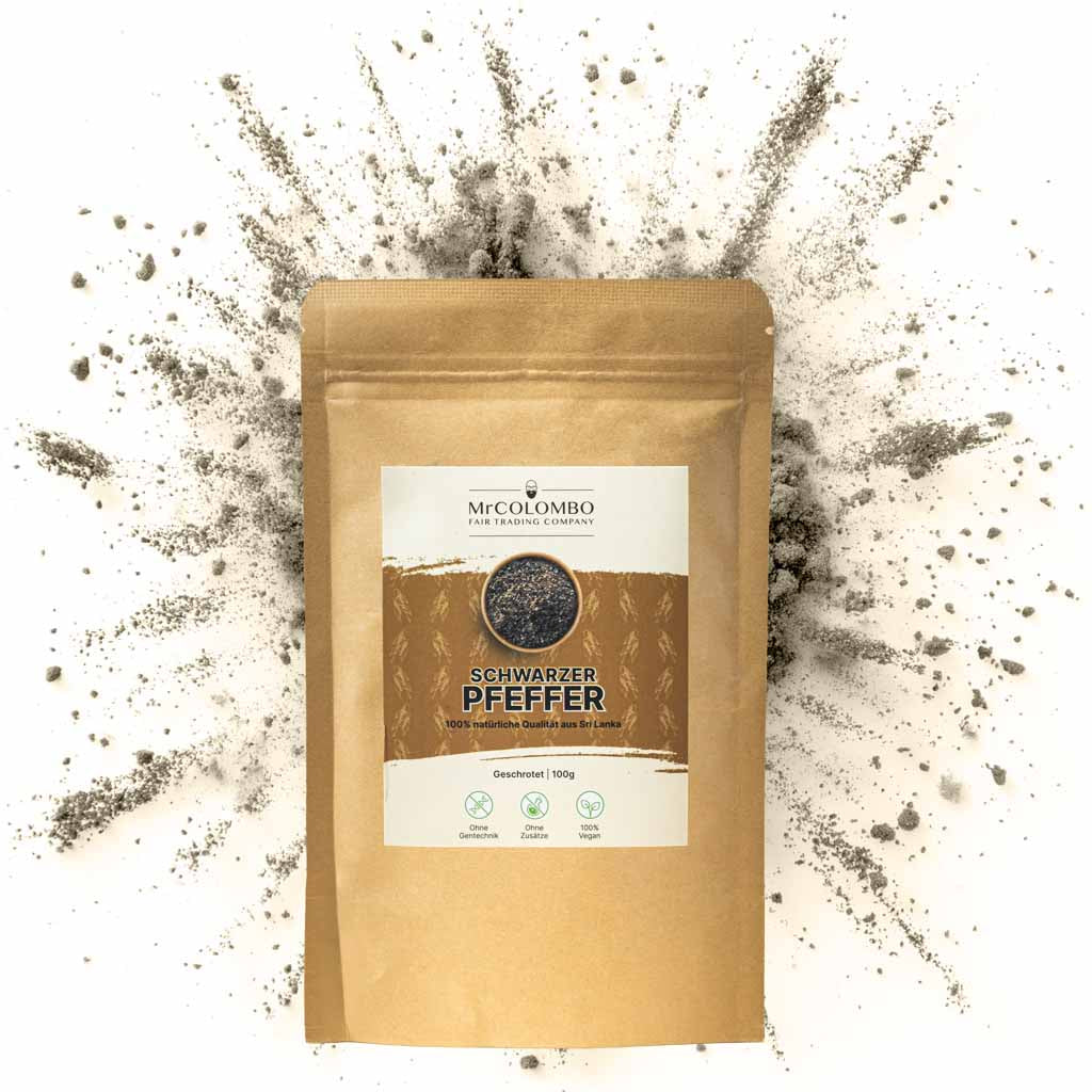 100g Packung geschroteter schwarzer Pfeffer von MrCOLOMBO | kräftiges Aroma, frisch verarbeitet.