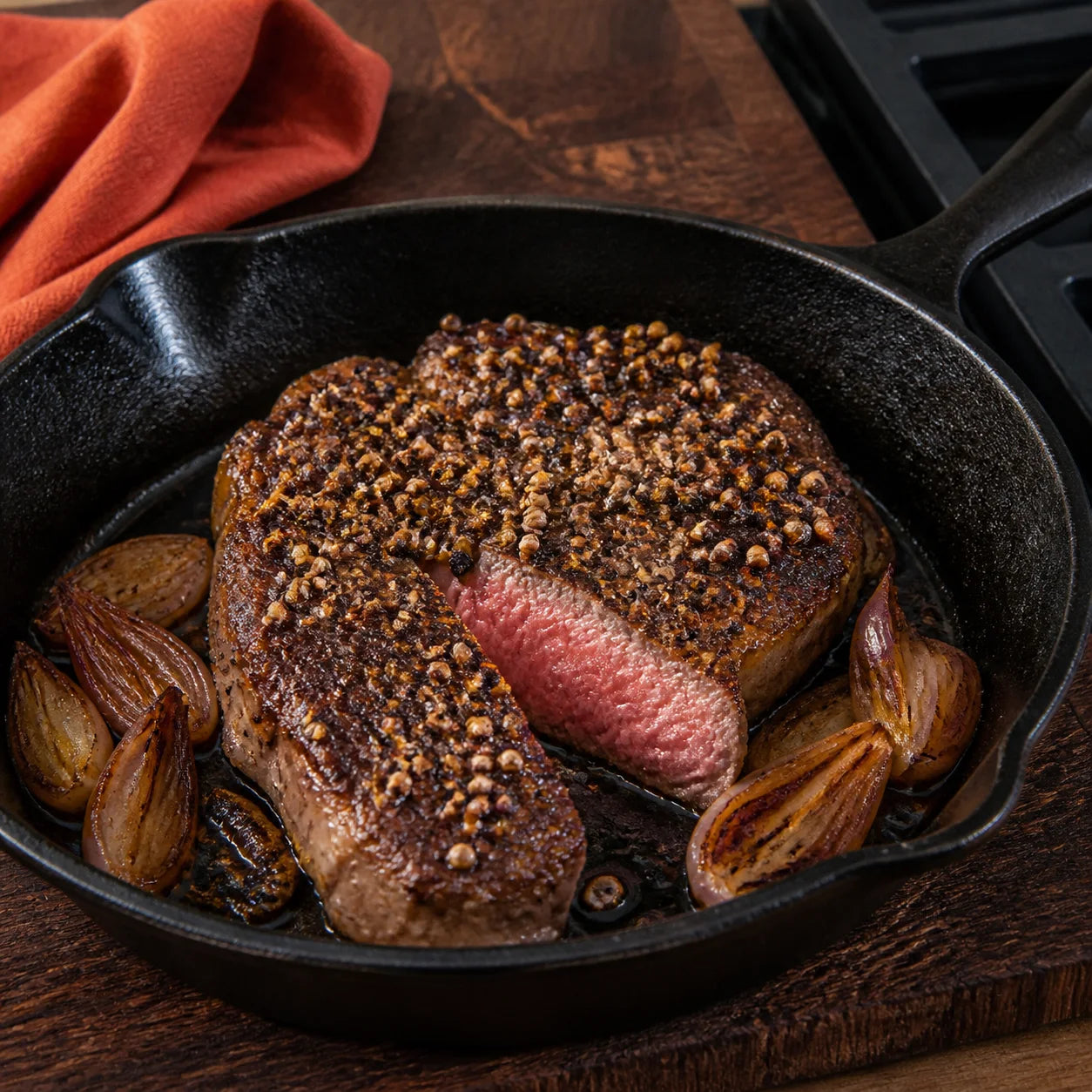 Rosa gebratenes Steak mit kräftiger Pfeffer-Chili-Gewürzkruste