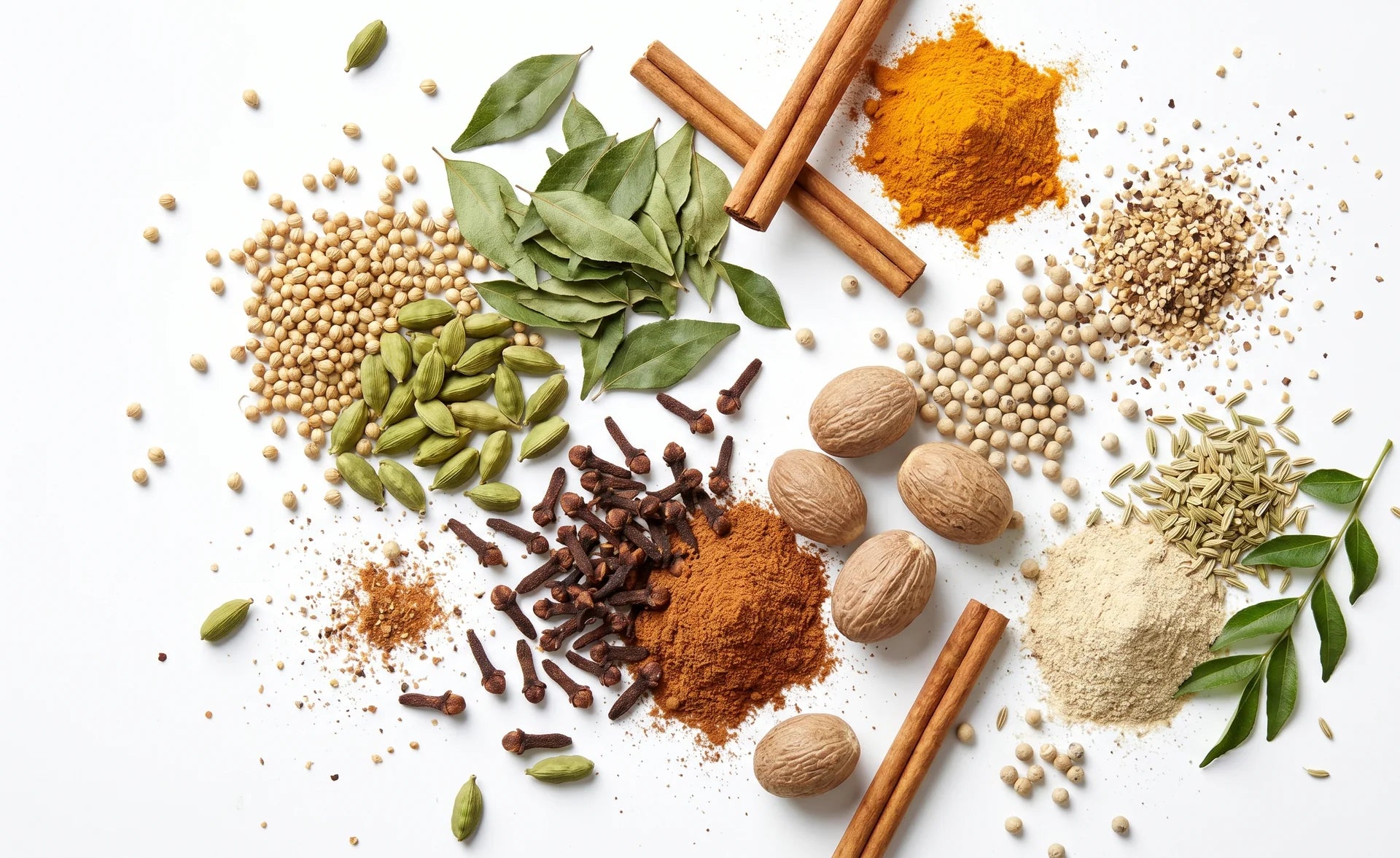 Demnächst verfügbar bei MrCOLOMBO - Flatlay neuer Bio-Gewürze aus Sri Lanka mit Kardamom Ceylon-Zimt Koriander Lorbeer Muskatnuss Nelken weißer Pfeffer Fenchel und Curryblättern aus Jaffna und der Mittelregion