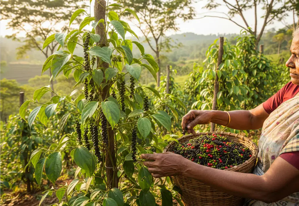 Nachhaltige Ernte von Sri Lanka Pfeffer auf einer Plantage für bewusste Genießer