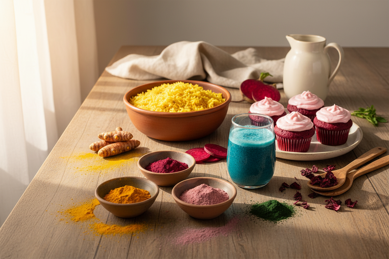 Bunte Speisen und Pulver zeigen kreative Anwendungen von natürlicher Lebensmittelfarbe für gesunde Rezepte