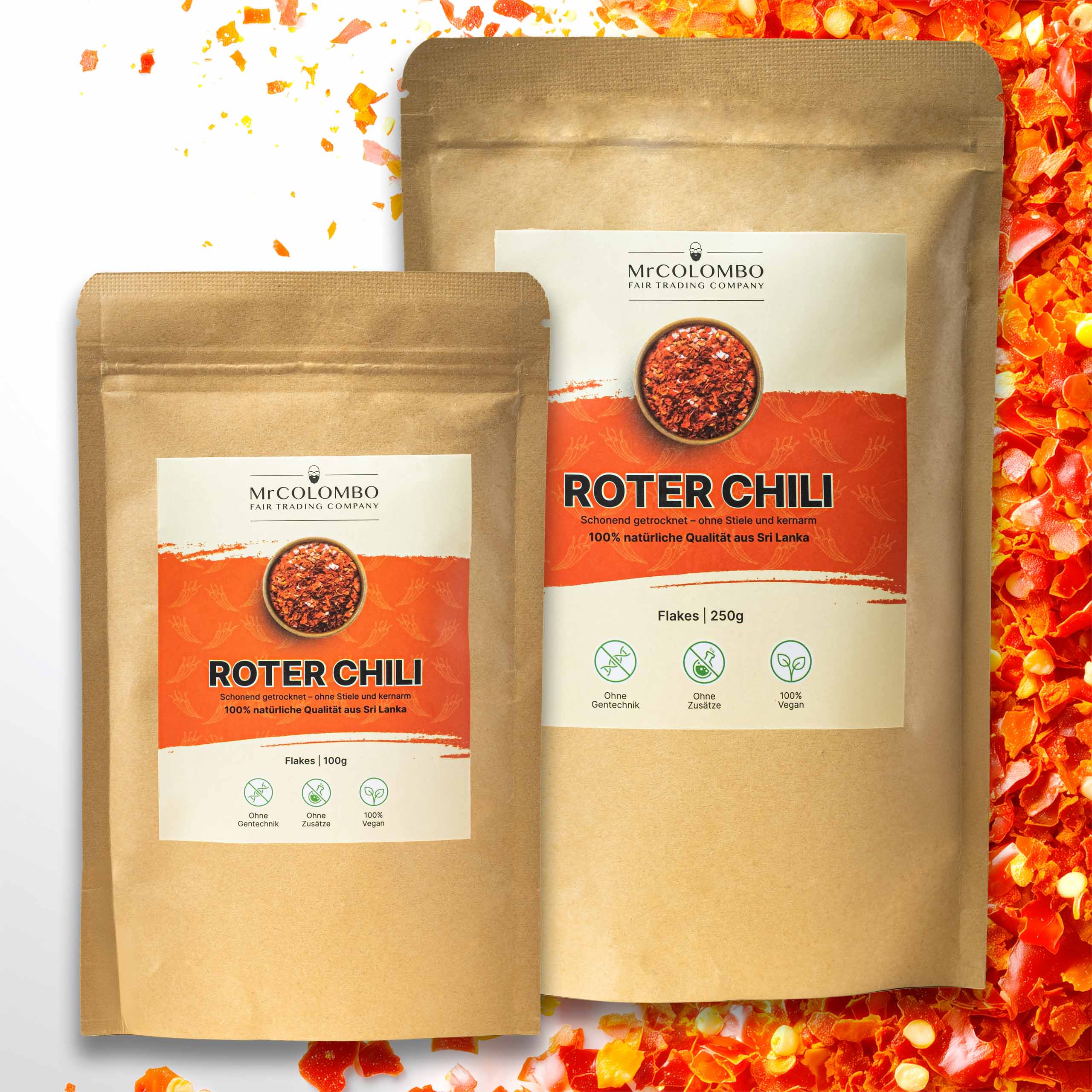 MrCOLOMBO rote Chili Flakes aus Sri Lanka in 100 g und 250 g Packungen