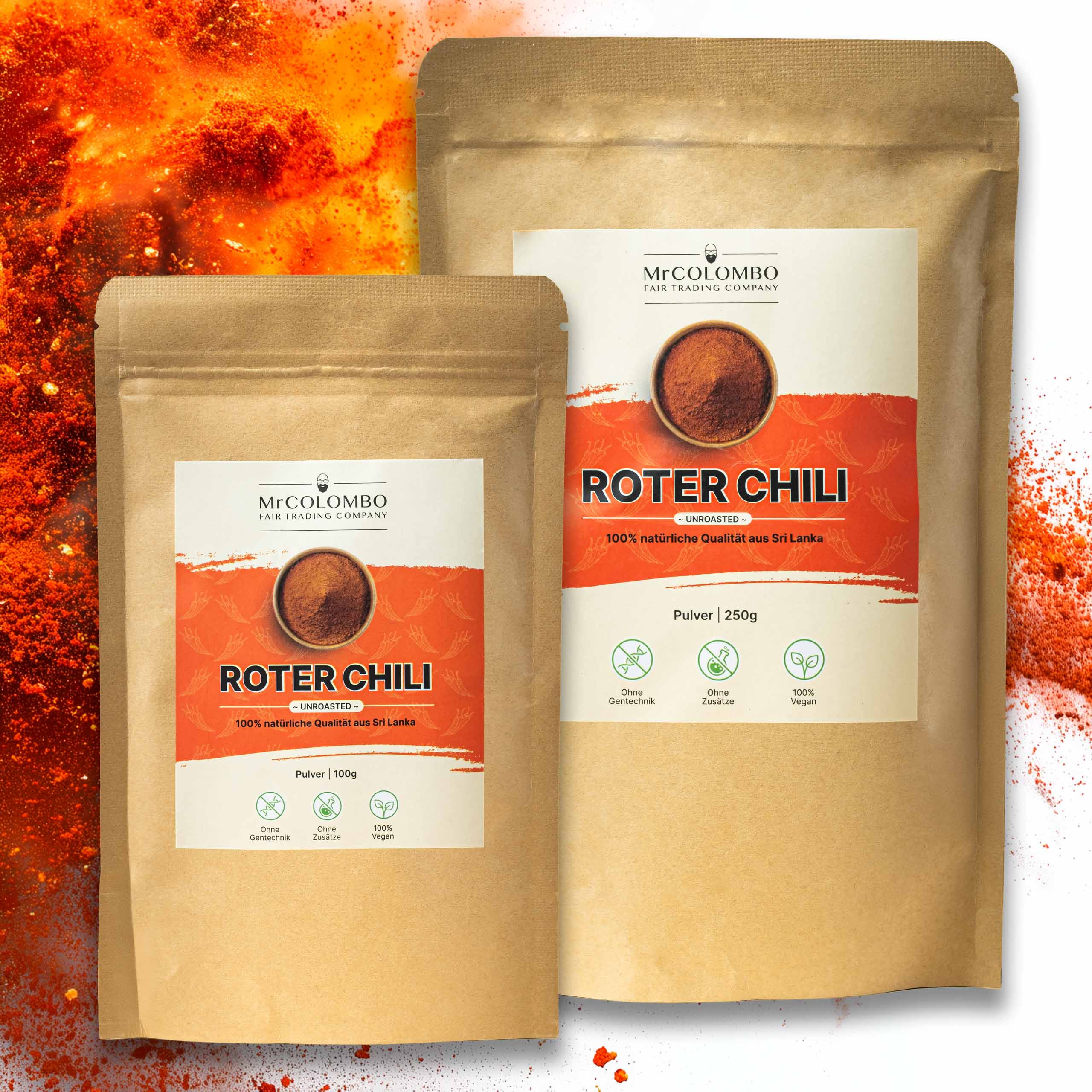 MrCOLOMBO rotes Chili Pulver ungeröstet aus Sri Lanka in 100 g und 250 g Packungen