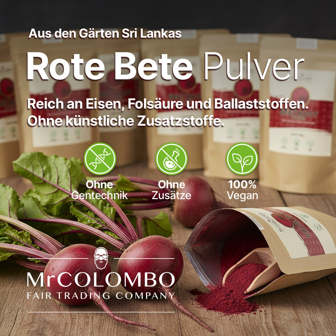 MrCOLOMBO Rote Bete Pulver aus Sri Lanka. Reich an Eisen, Folsäure und Ballaststoffen, ohne Gentechnik, ohne Zusätze, 100 % vegan.