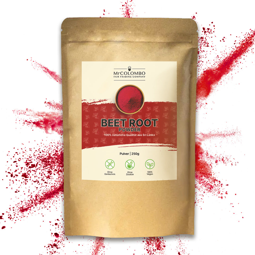 MrCOLOMBO Beetroot Powder 250g. Natürliches Rote Bete Pulver in Papierverpackung, 100 % Qualität aus Sri Lanka.