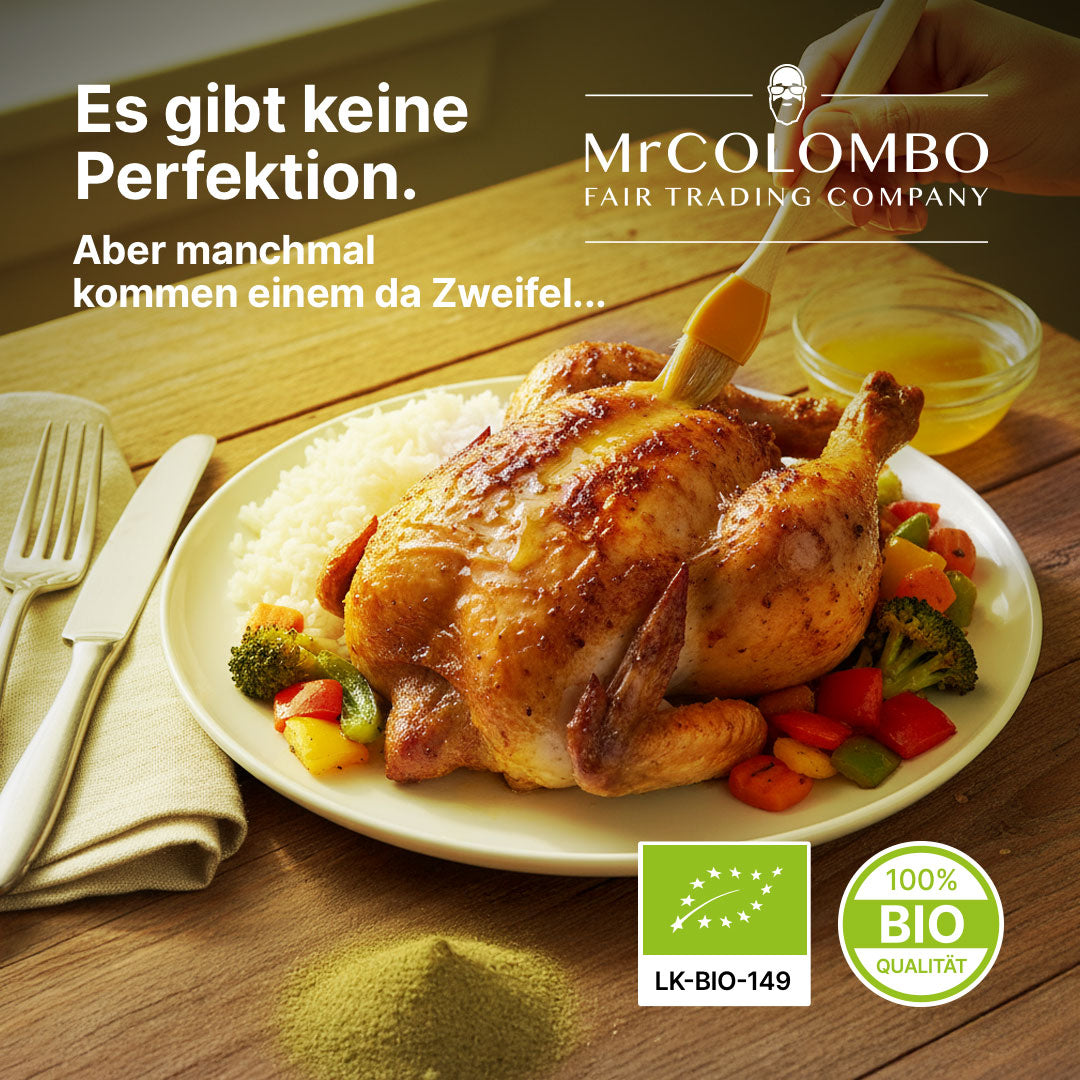 MrCOLOMBO Brathähnchen Gericht mit Gemüse und Reis. Zitronengras Pulver sorgt für goldene Farbe und frisches Aroma.