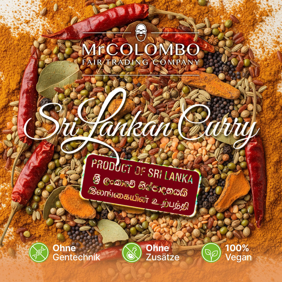 MrCOLOMBO Sri Lankan Curry mit Chilischoten, Pfeffer und Curryblättern. Produkt aus Sri Lanka, ohne Gentechnik, ohne Zusätze, 100 % vegan.