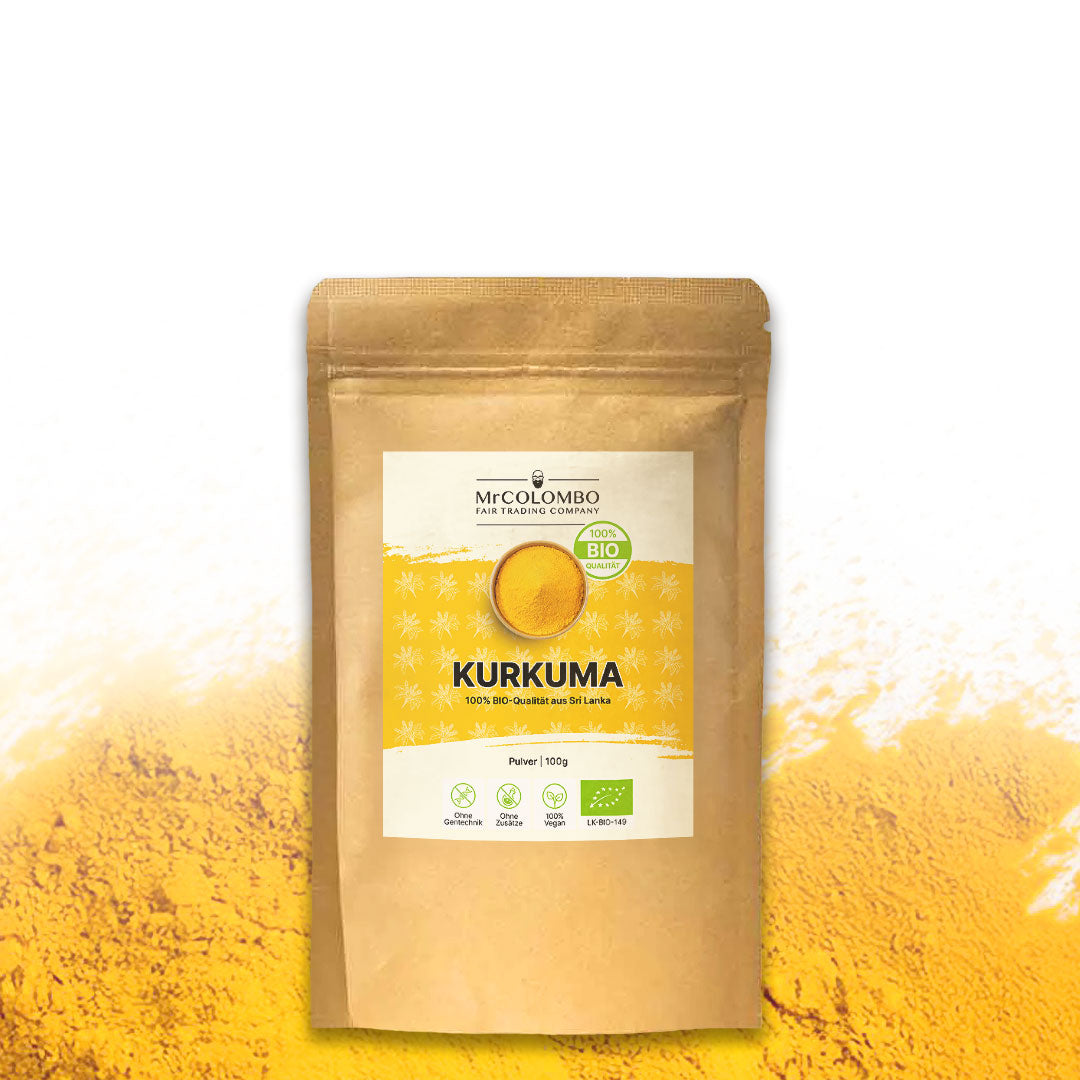 MrCOLOMBO Kurkuma Pulver 100g - Bio-Gewürz aus Sri Lanka in umweltfreundlicher Kraftpapierverpackung mit EU-Bio-Siegel.