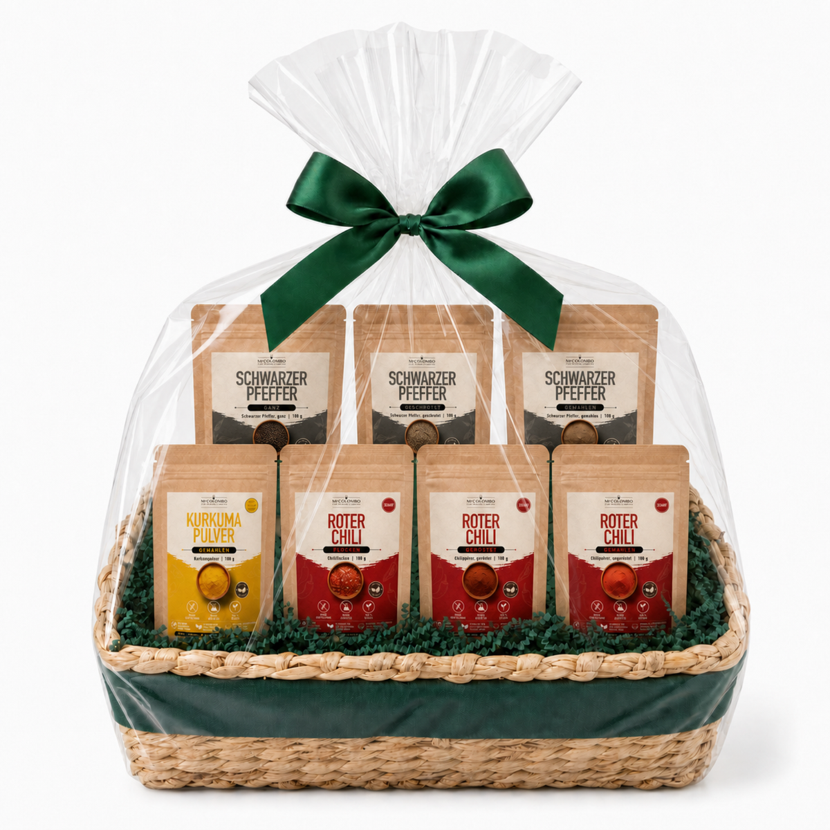 MrCOLOMBO Gewürze-Geschenkset Sri Lanka mit sieben 100-g-Beuteln im Geschenkkorb auf weißem Hintergrund