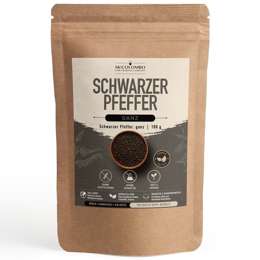 MrCOLOMBO Schwarzer Pfeffer ganz aus Sri Lanka - 100 g Produktbeutel